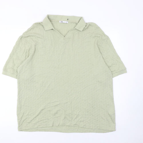 Zara Womens Green Lyocell Cotton Polo Shirt Size L Short Sleeve