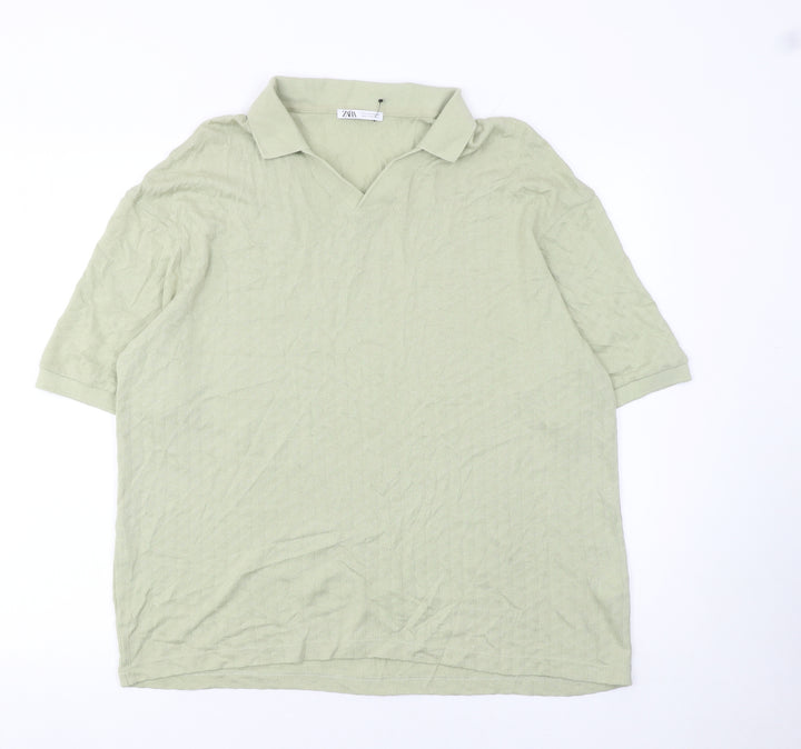 Zara Womens Green Lyocell Cotton Polo Shirt Size L Short Sleeve