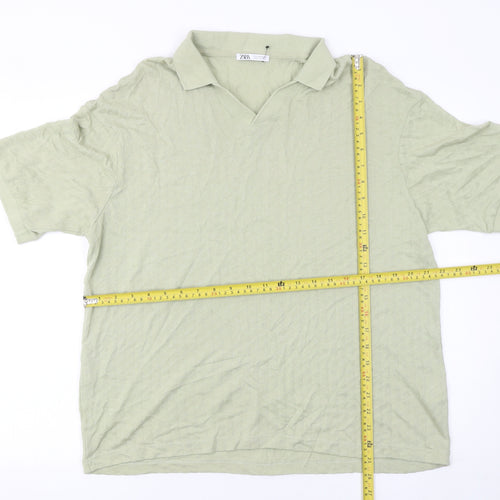 Zara Womens Green Lyocell Cotton Polo Shirt Size L Short Sleeve