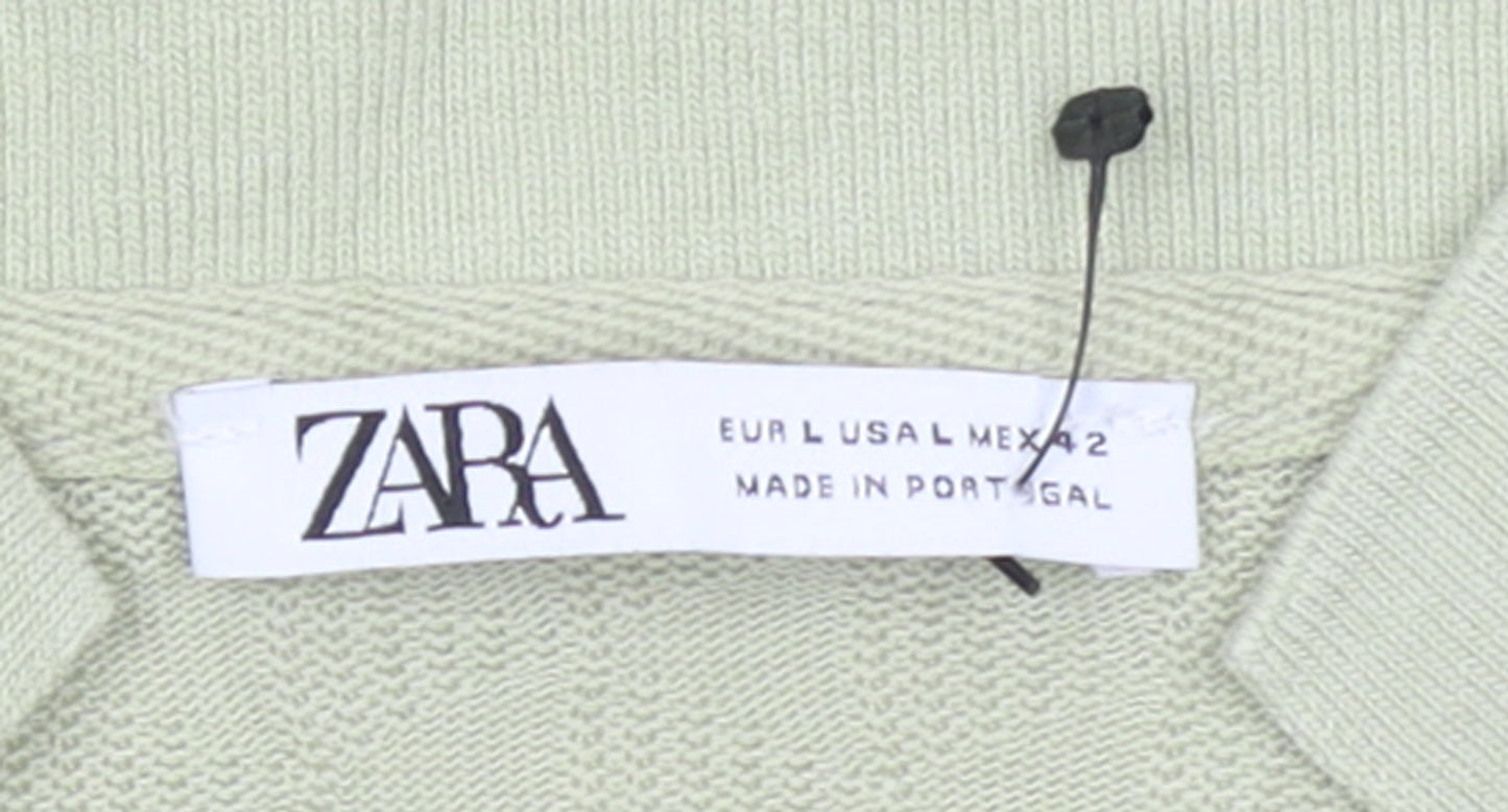 Zara Womens Green Lyocell Cotton Polo Shirt Size L Short Sleeve