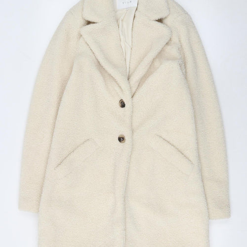 Vila Women Ivory Mid-Length Buttoned Teddy Coat Size 6