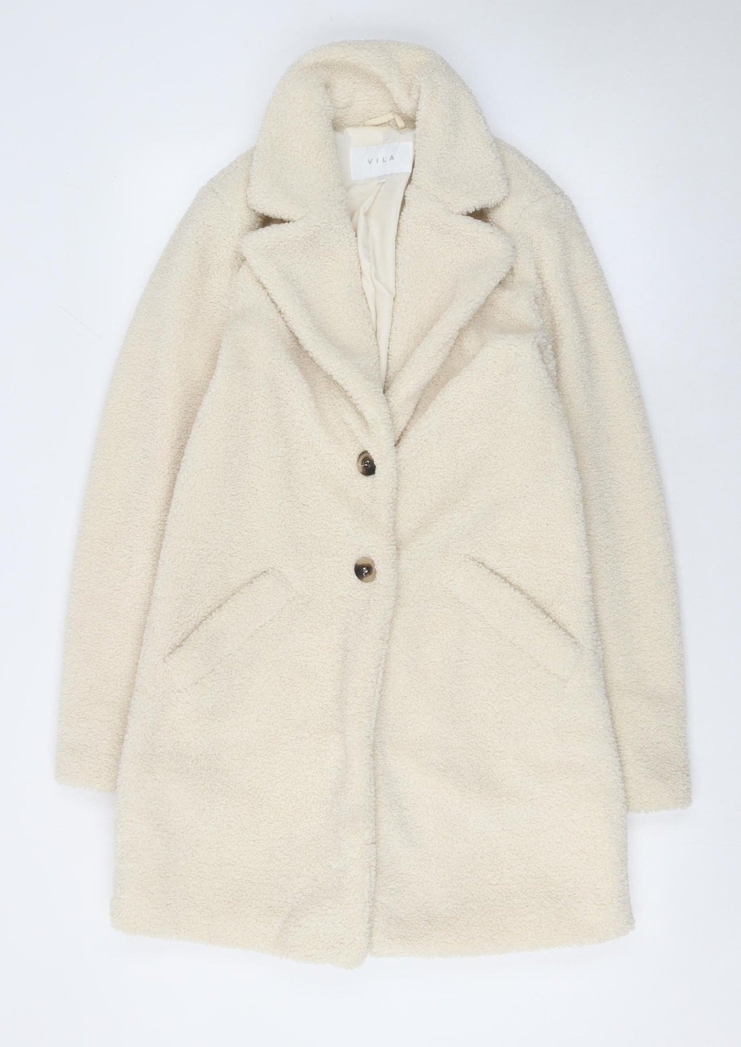 Vila Women Ivory Mid-Length Buttoned Teddy Coat Size 6