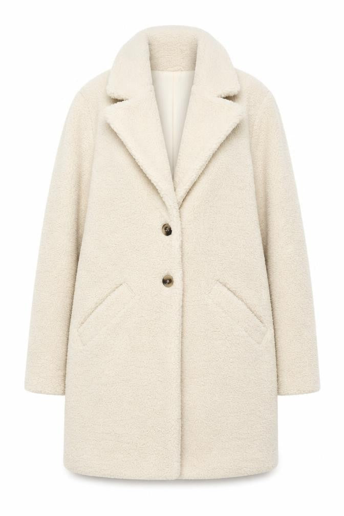 Front view of VILA Women Ivory Mid-Length Buttoned Teddy Coat, size 6