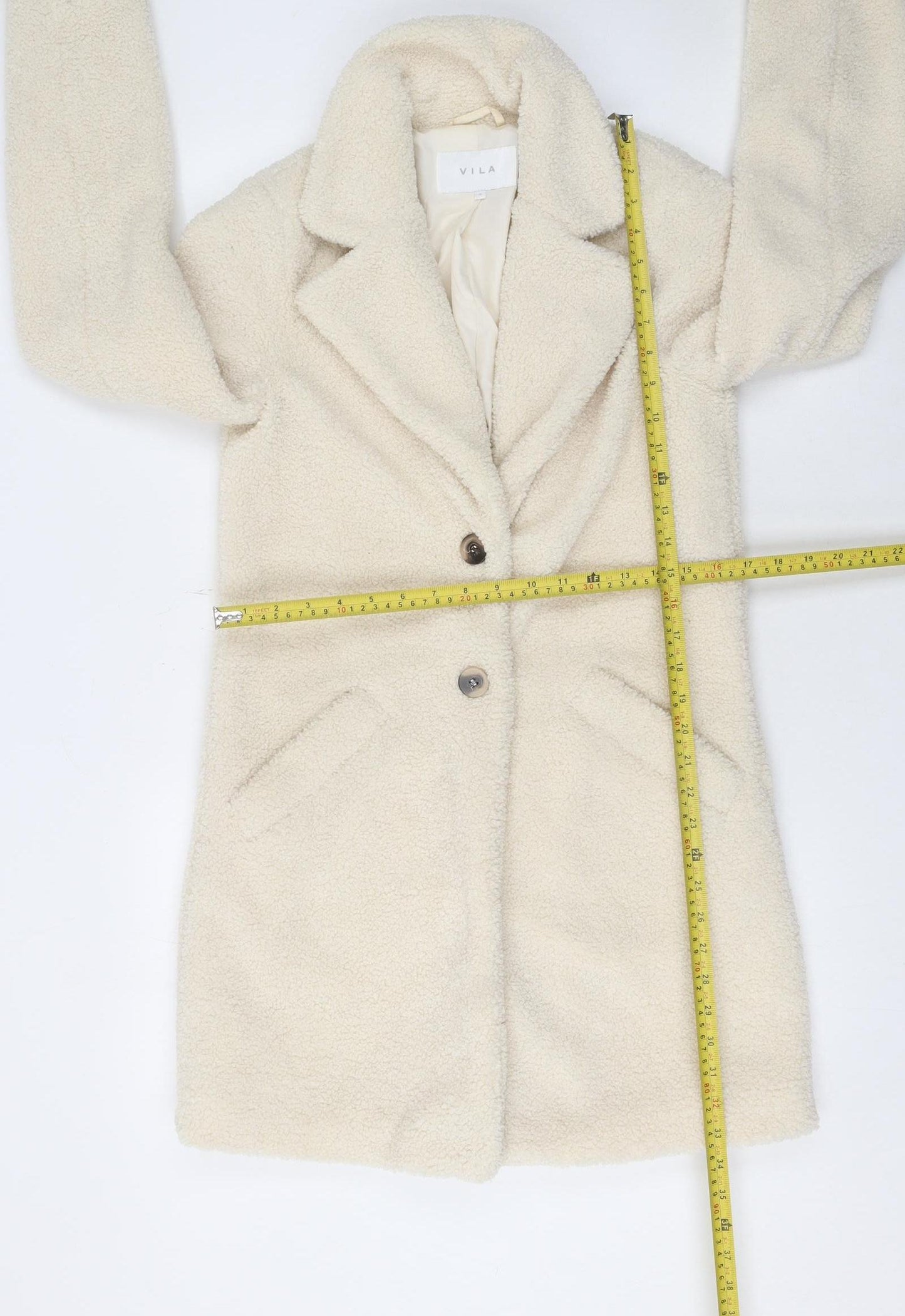 Vila Women Ivory Mid-Length Buttoned Teddy Coat Size 6