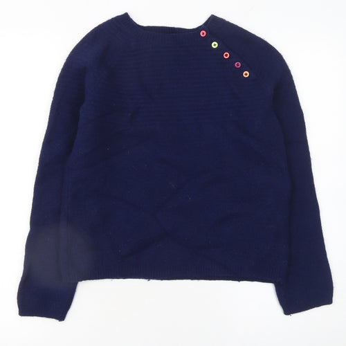 Heyton Women Blue Wool Blend Crew Neck Button Pullover Jumper Size 12