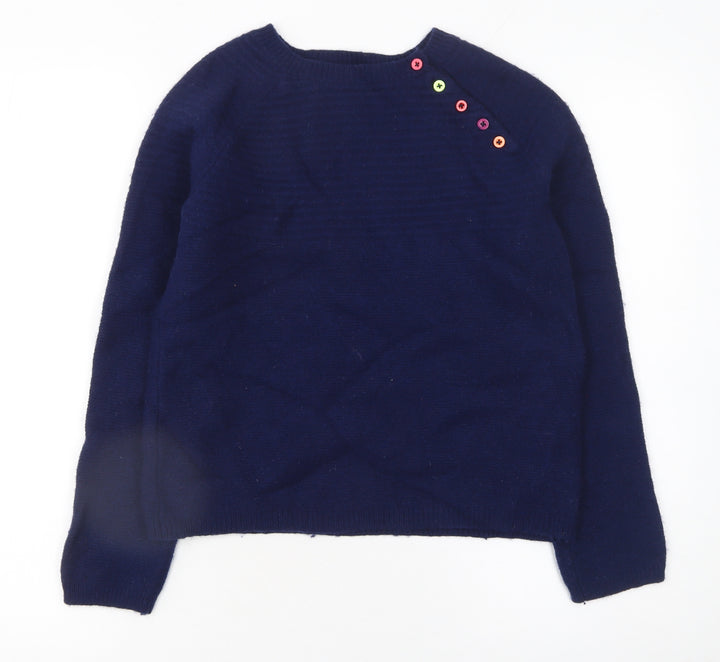 Heyton Women Blue Wool Blend Crew Neck Button Pullover Jumper Size 12