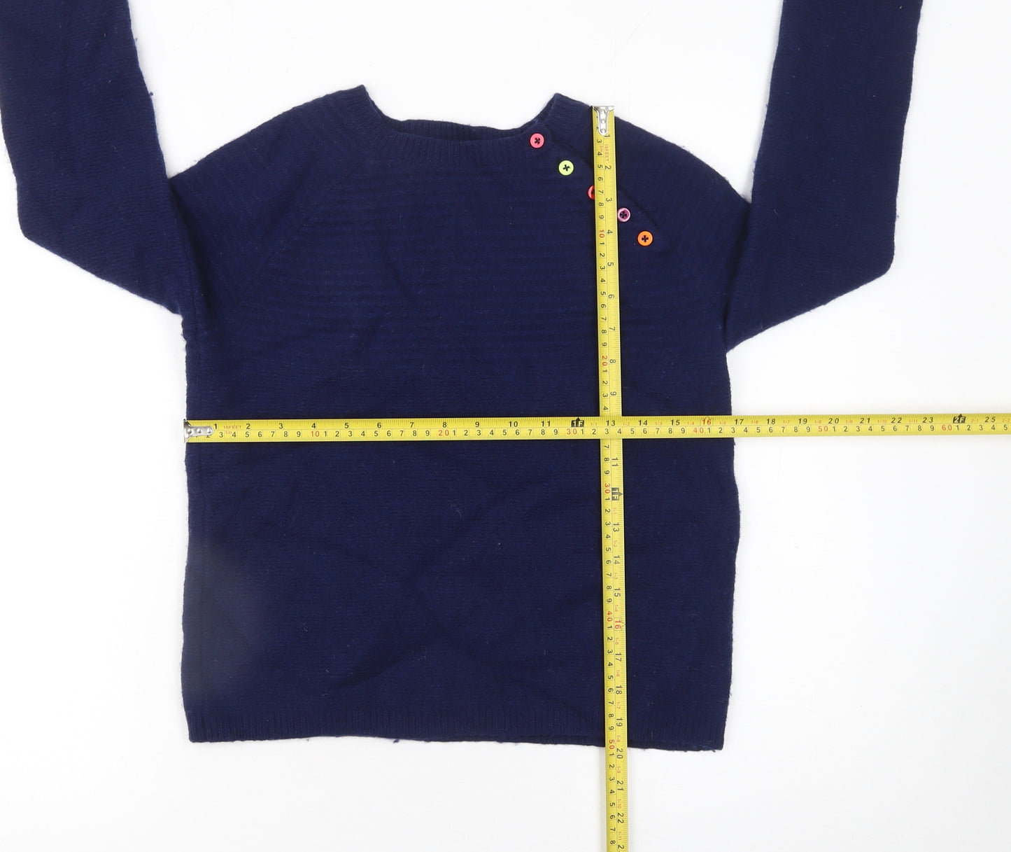 Heyton Women Blue Wool Blend Crew Neck Button Pullover Jumper Size 12