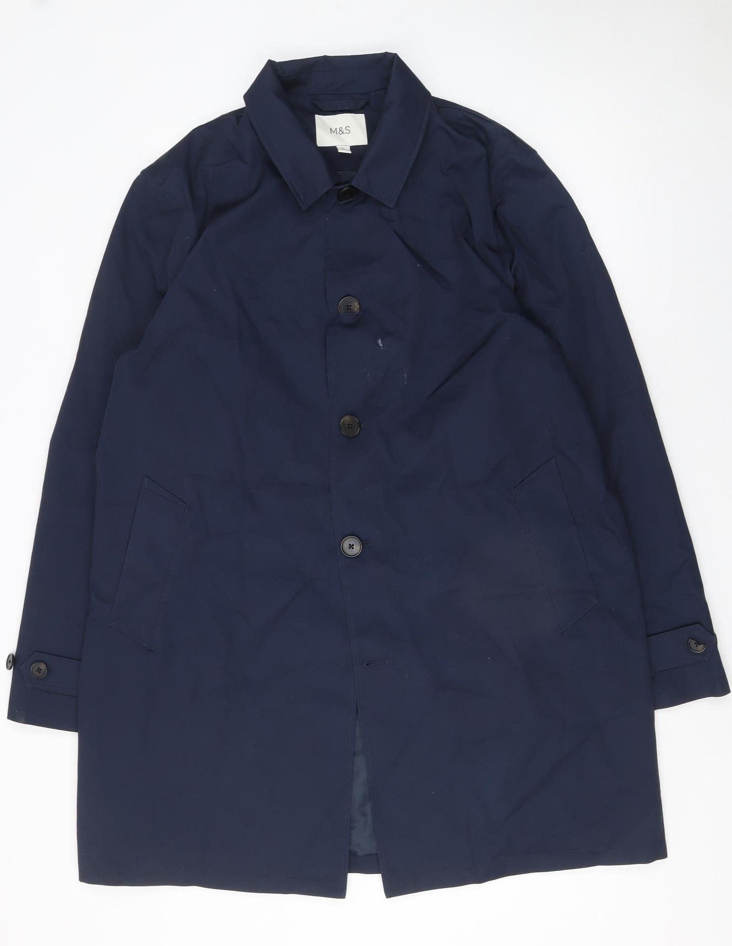 Marks and Spencer Men's Blue XL Rain Coat Button Up Mid-Length