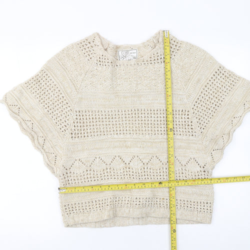 Fat Face Women Beige Open-Knit Boho Poncho Jumper Size 14