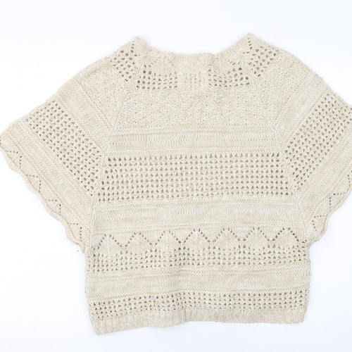 Fat Face Women Beige Open-Knit Boho Poncho Jumper Size 14