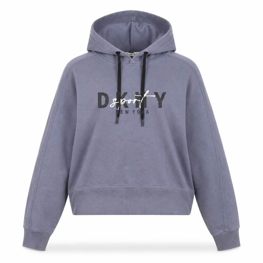 Front view of DKNY Sport Women's Blue Pullover Hoodie, size L, Cotton Blend