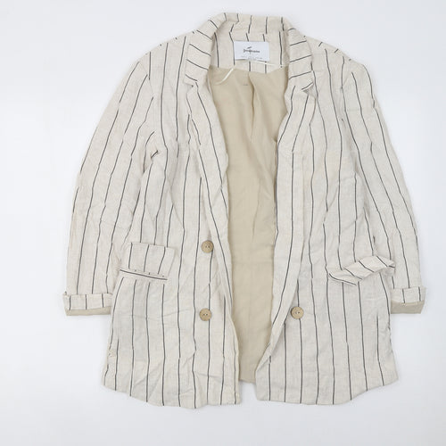 Stradivarius Women Beige Pinstripe Linen Blazer Jacket Size 14