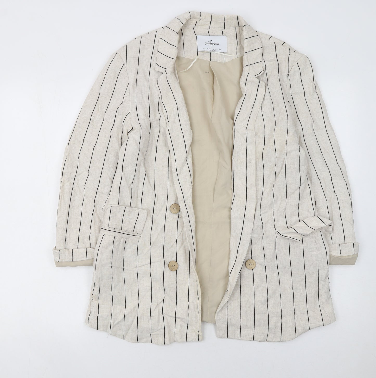 Stradivarius Women Beige Pinstripe Linen Blazer Jacket Size 14