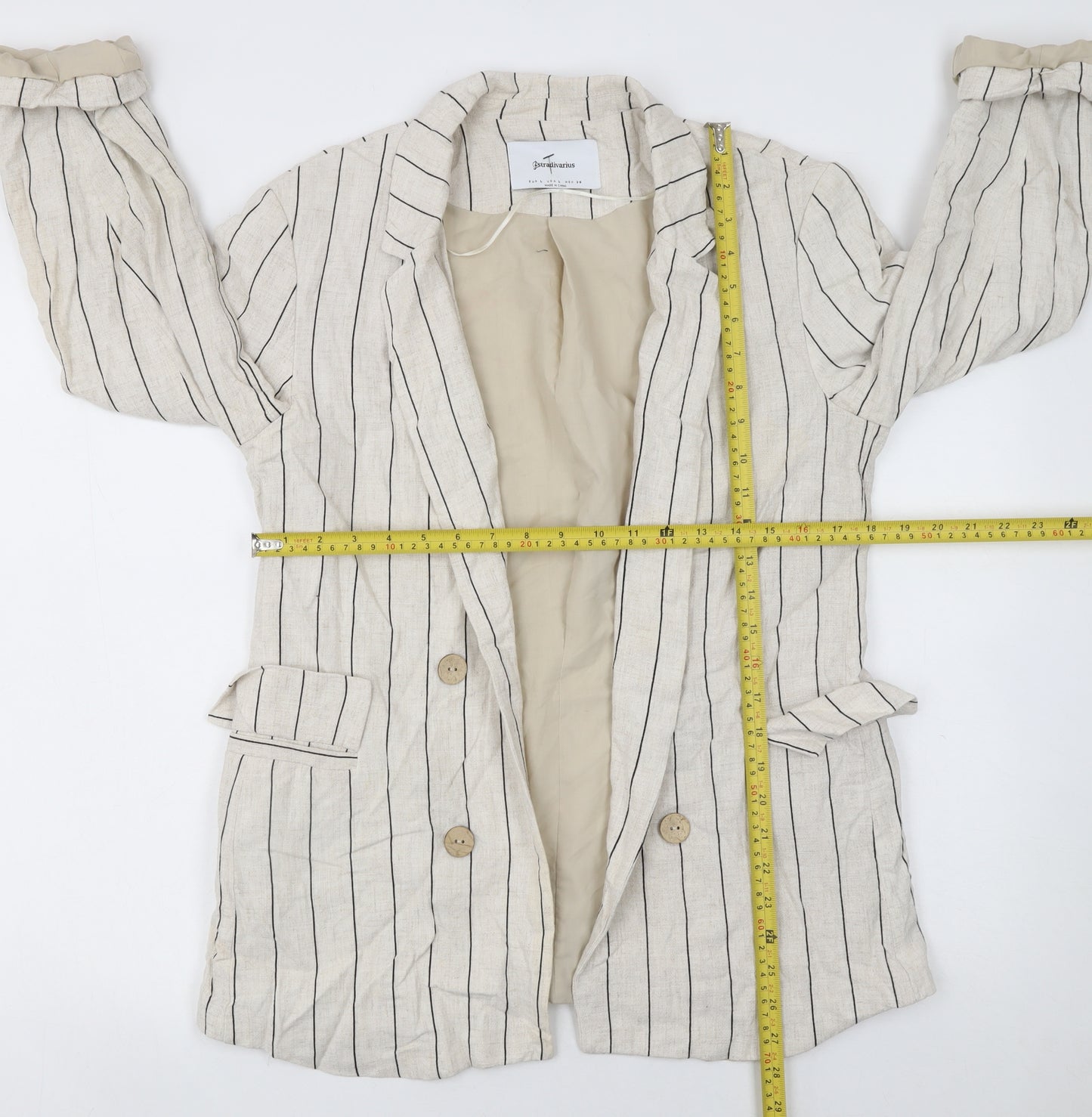 Stradivarius Women Beige Pinstripe Linen Blazer Jacket Size 14