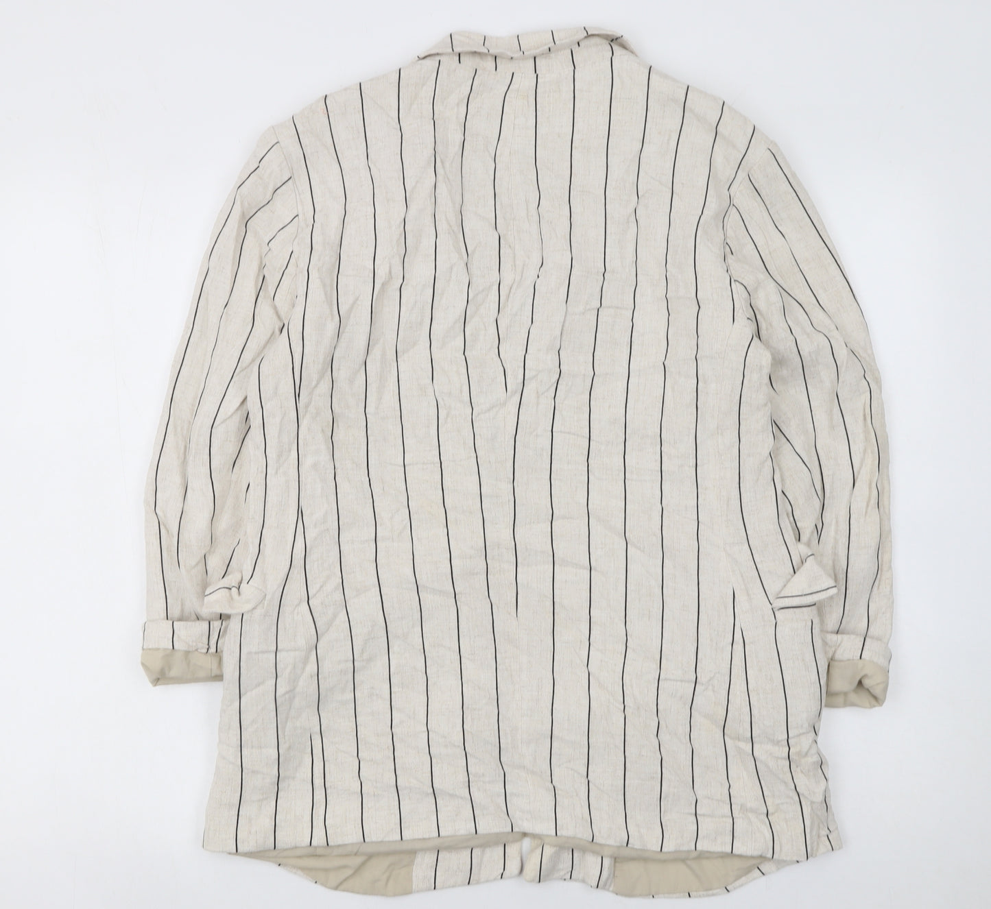 Stradivarius Women Beige Pinstripe Linen Blazer Jacket Size 14