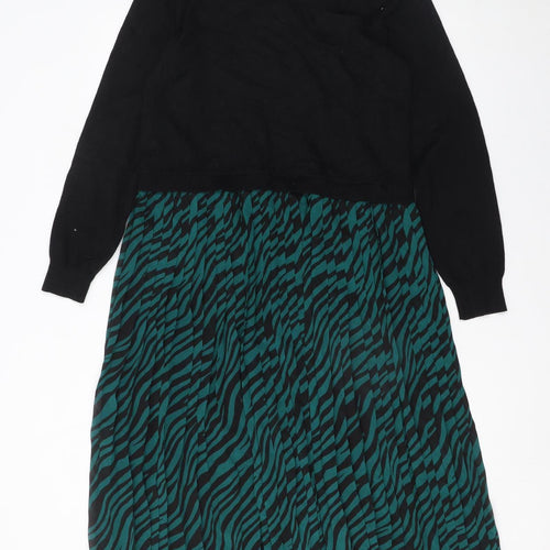 Oasis Women Black Green Animal Print Knit Midi Jumper Dress Size L