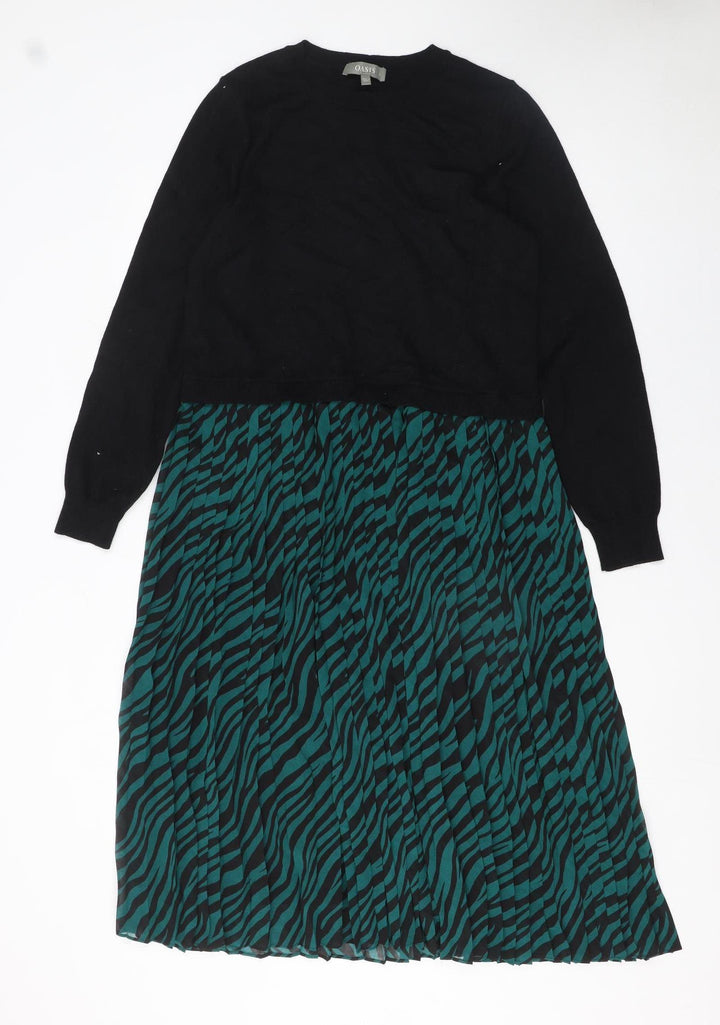 Oasis Women Black Green Animal Print Knit Midi Jumper Dress Size L