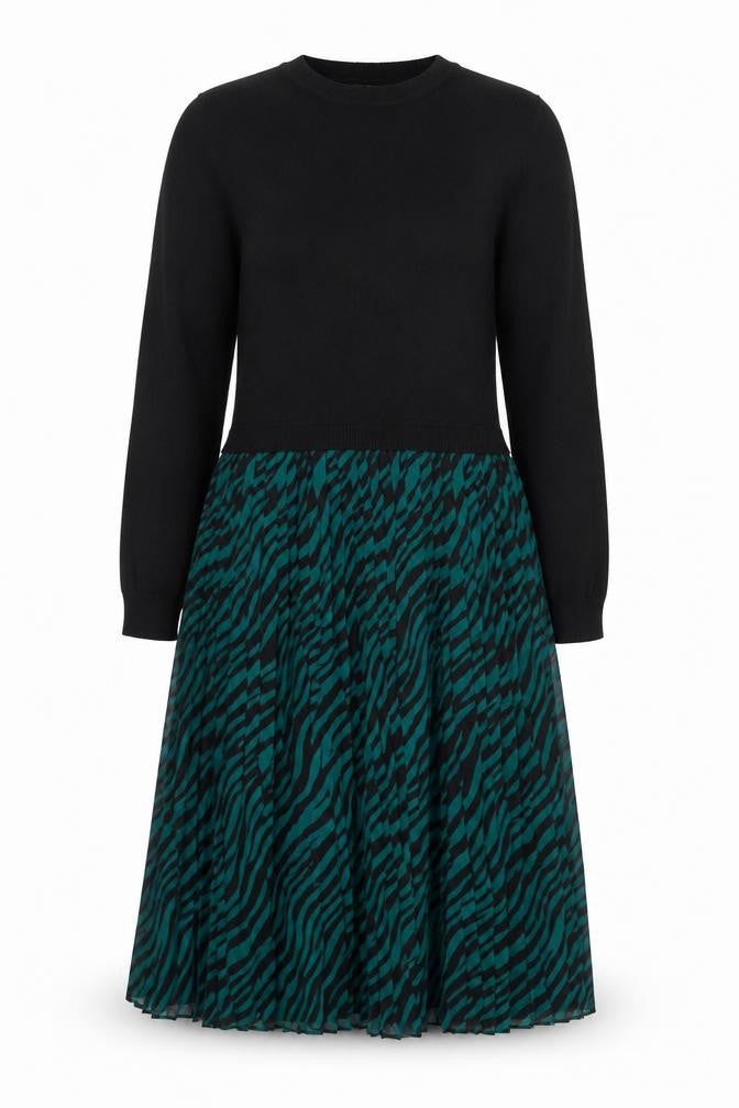 Oasis Women Black Green Animal Print Knit Midi Jumper Dress Size L