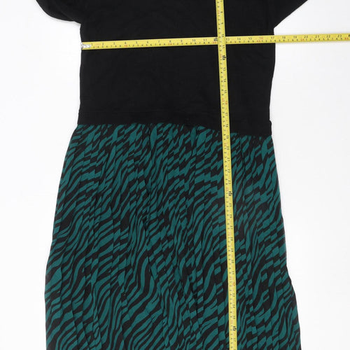 Oasis Women Black Green Animal Print Knit Midi Jumper Dress Size L