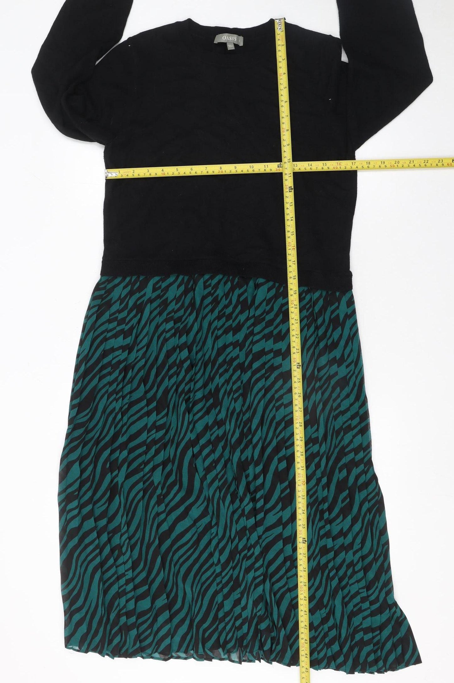 Oasis Women Black Green Animal Print Knit Midi Jumper Dress Size L