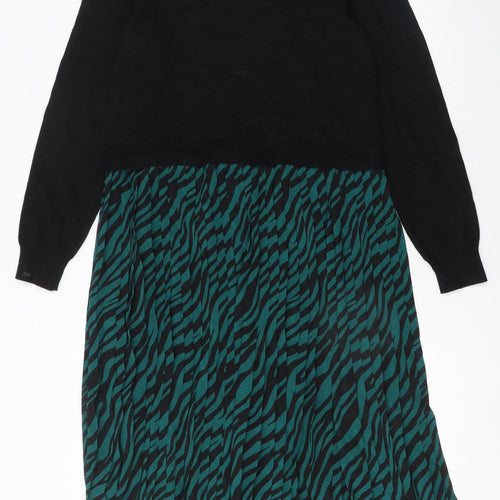Oasis Women Black Green Animal Print Knit Midi Jumper Dress Size L