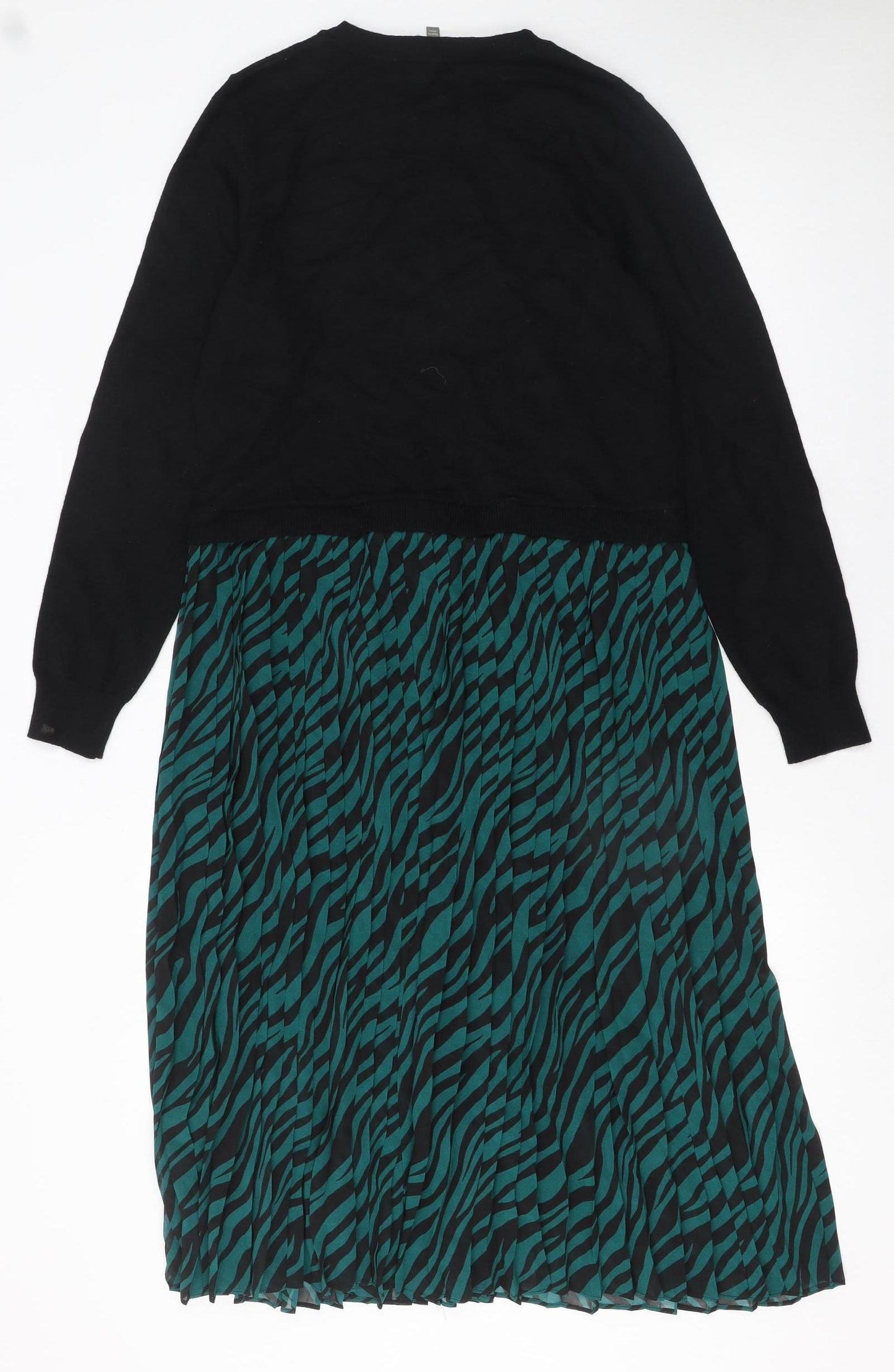 Oasis Women Black Green Animal Print Knit Midi Jumper Dress Size L