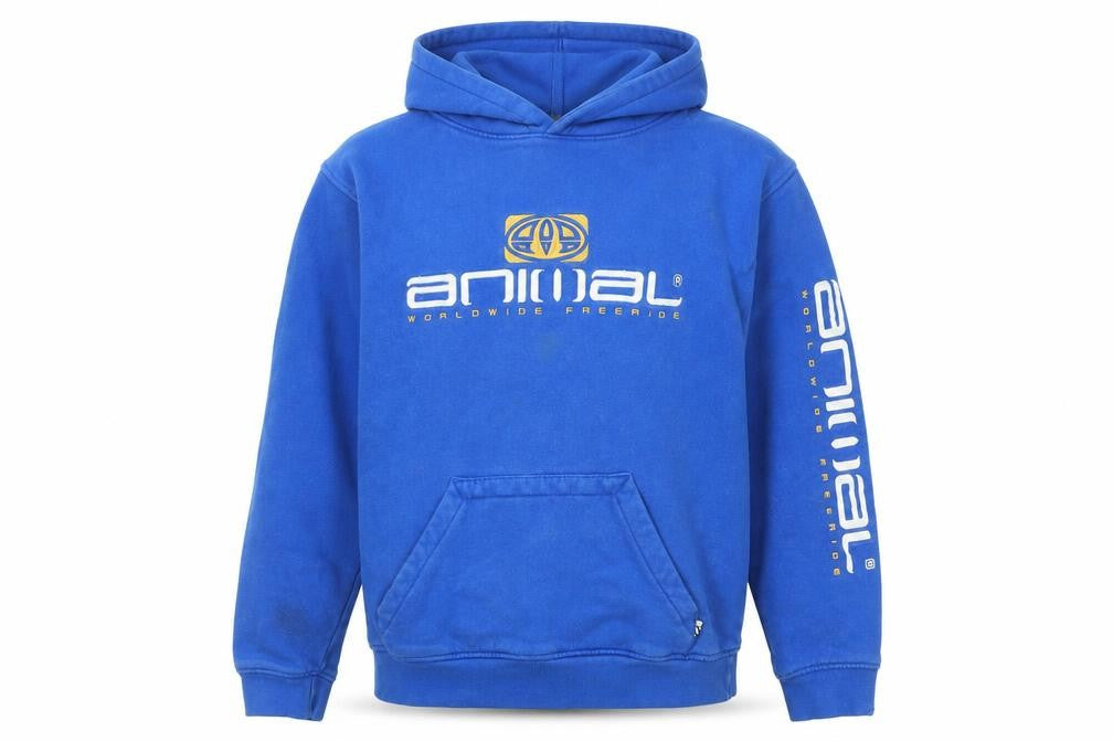 Front view of Animal boys’ blue pullover hoodie m graphic logo cotton sweatshirt