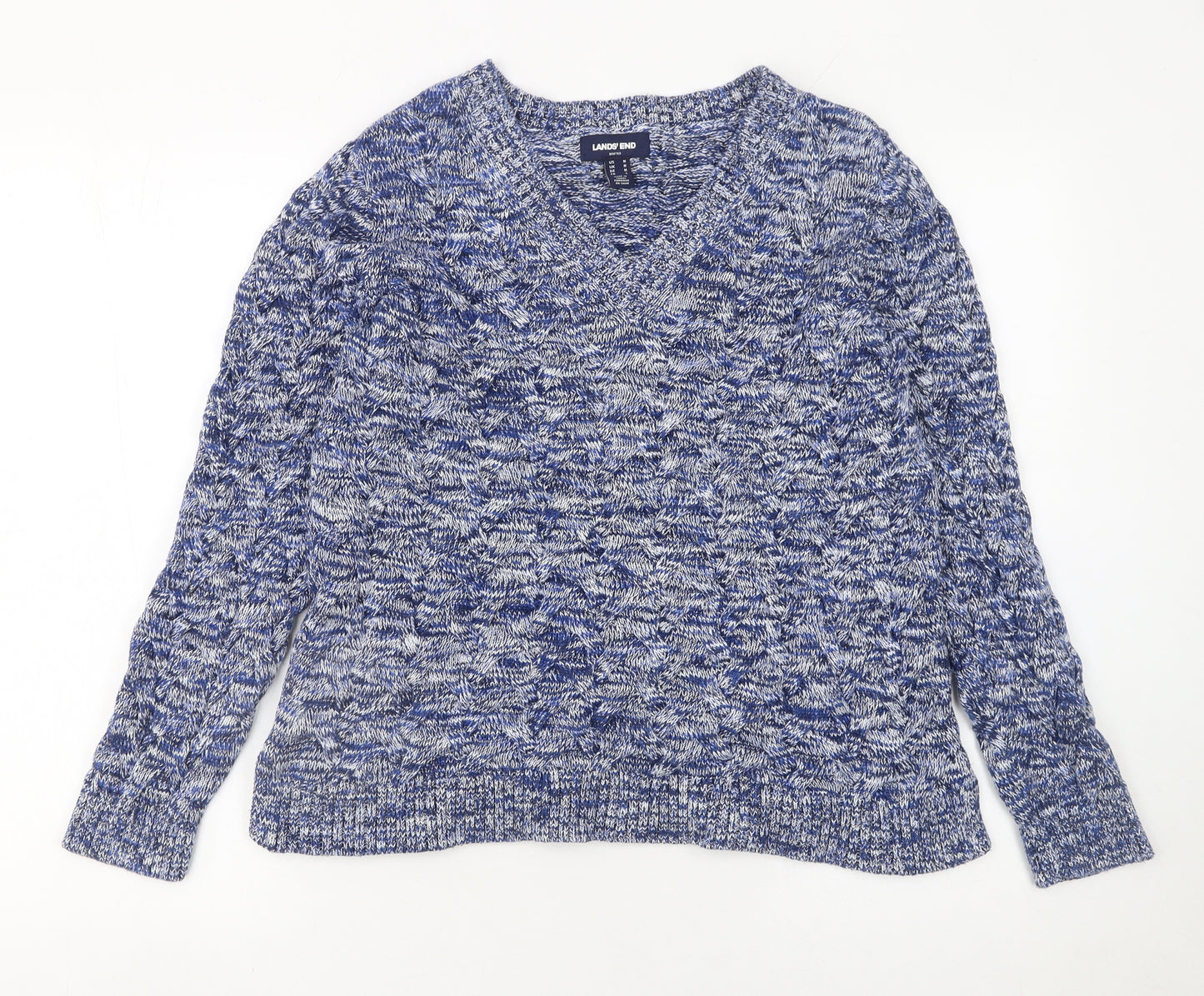Lands' End Women's Blue V-Neck Cotton Knit Jumper Size M