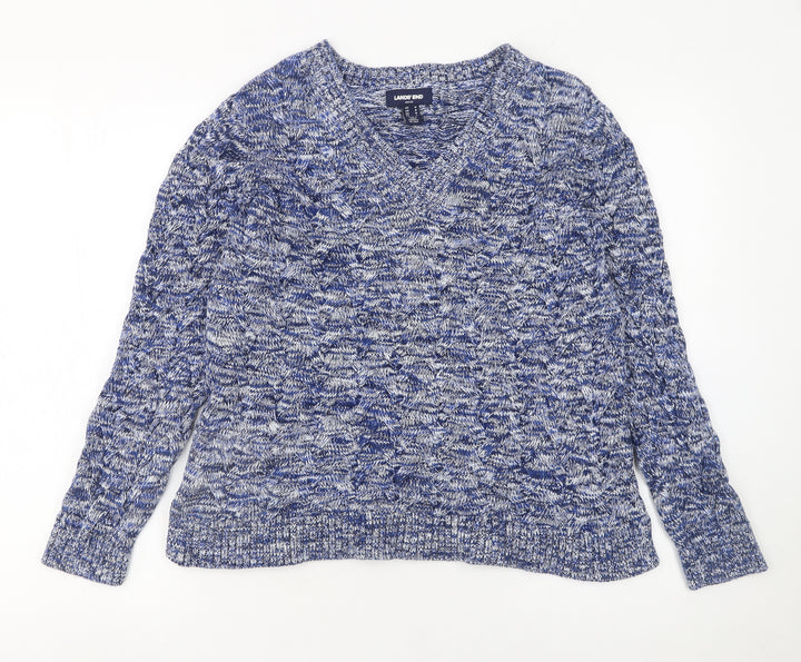 Lands' End Women's Blue V-Neck Cotton Knit Jumper Size M