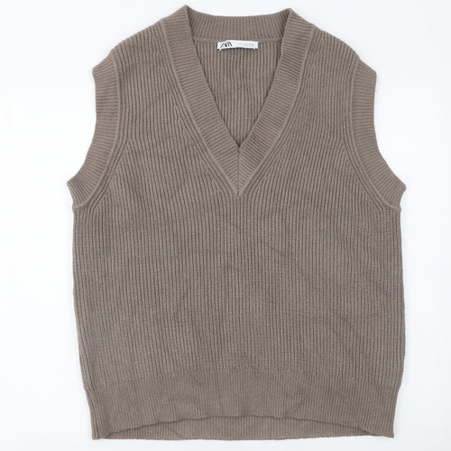 Zara Women Brown Sleeveless V-Neck Knit Vest Jumper Size S