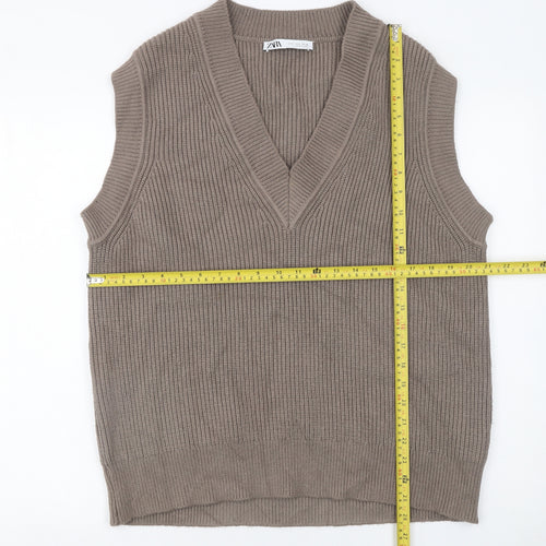Zara Women Brown Sleeveless V-Neck Knit Vest Jumper Size S