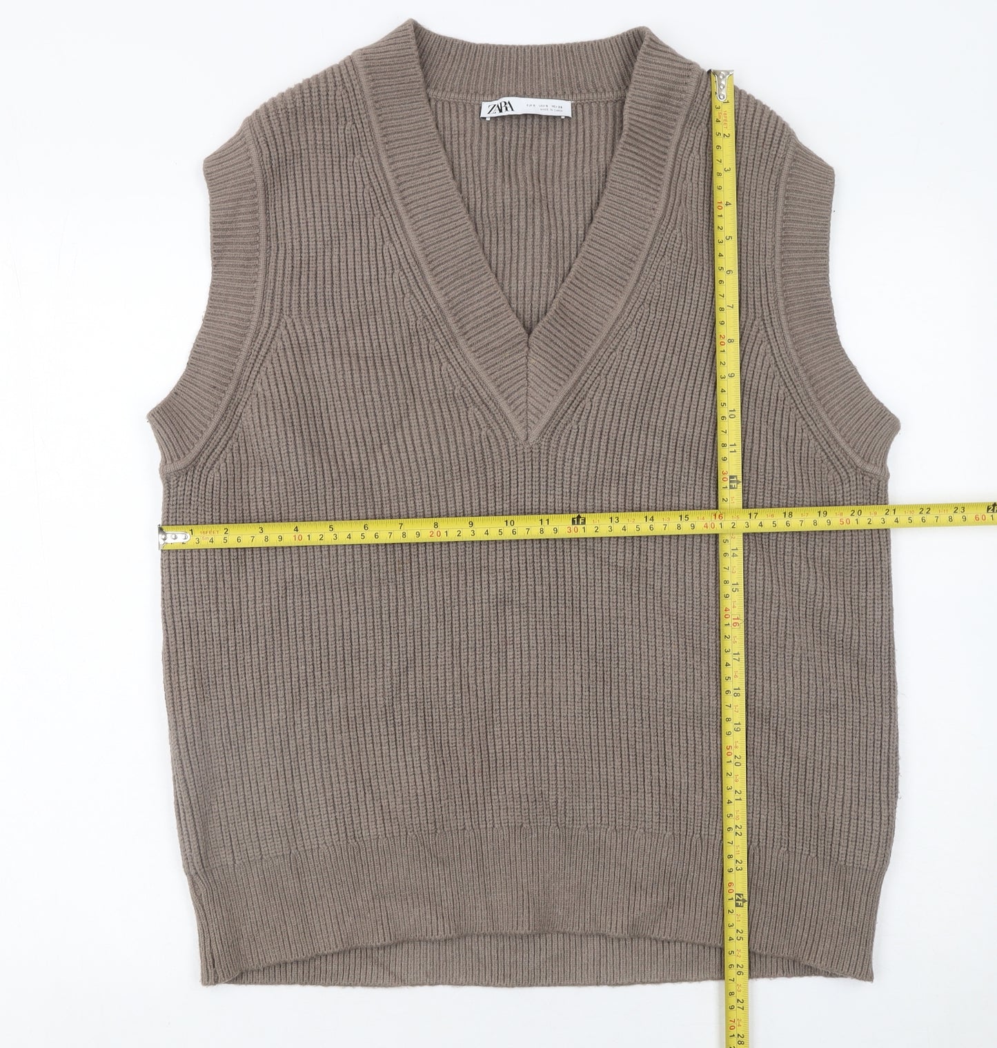 Zara Women Brown Sleeveless V-Neck Knit Vest Jumper Size S
