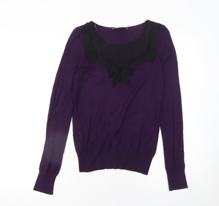 Oasis Women's Purple Lace Scoop Neck Long Sleeve Pullover Jumper XS