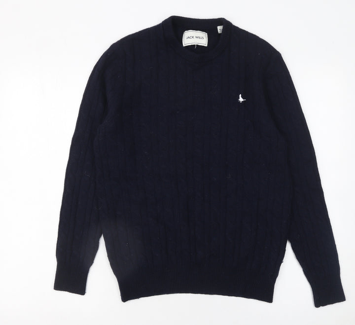 Jack Wills Men's Blue Cable-Knit Wool Jumper M Crew Neck Pullover