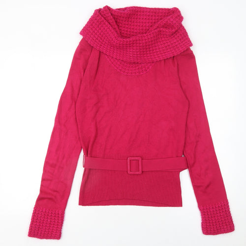 Bay Womens Pink Cowl Neck Belted Pullover Jumper Size 12