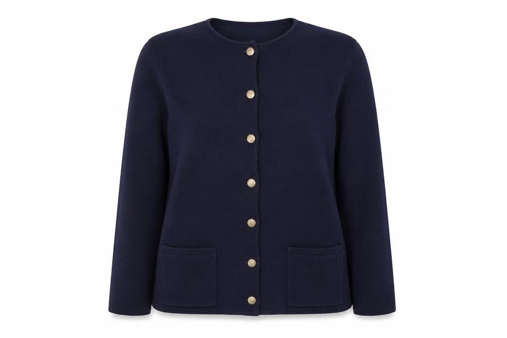 Front view of Canda Women’s Blue Cardigan L Knit Button Front Crew Neck Wool Blend
