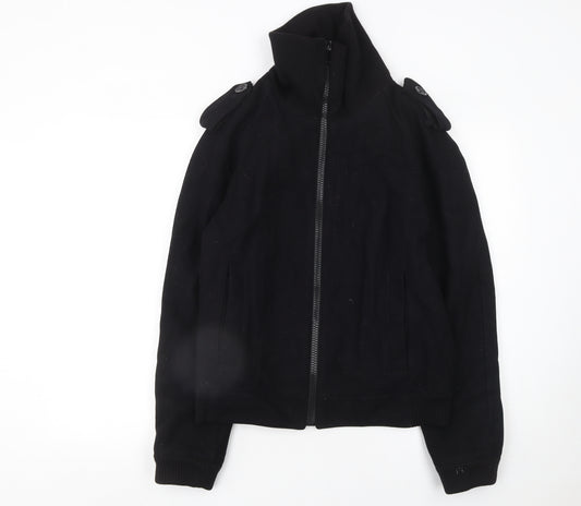 Zara Man Black Wool Bomber Jacket Mens L Regular Fit Full Zip