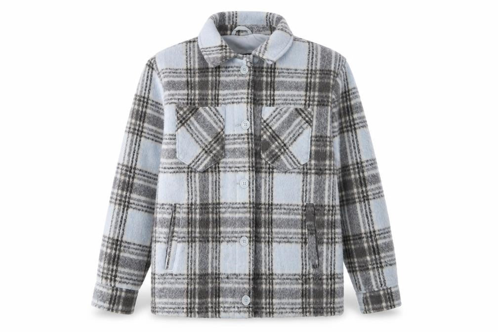Front view of Hollister Men's Grey Plaid Flannel Shacket Jacket M Regular Fit