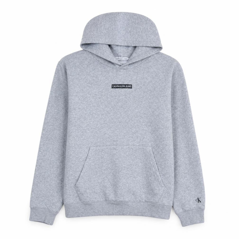 Front view of Calvin Klein Jeans women’s grey pullover hoodie, size UK 14, classic fit