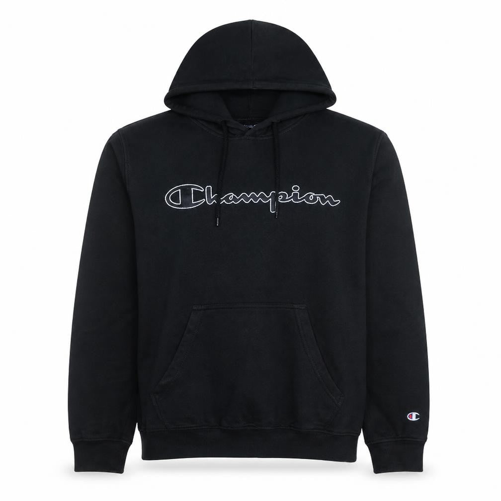 Front view of Champion Men's Black Pullover Hoodie Medium Logo Fleece