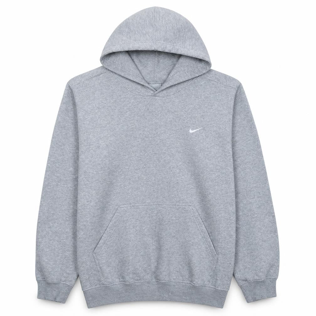 Front view of Nike boys’ grey pullover hoodie fleece lined logo sweatshirt 12-13 years