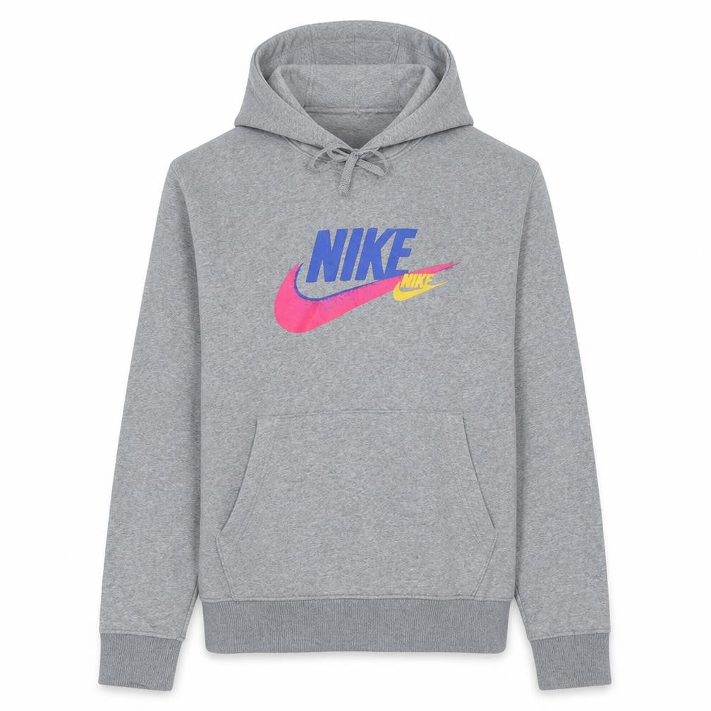 Front view of Nike men’s grey pullover hoodie m logo fleece sweatshirt