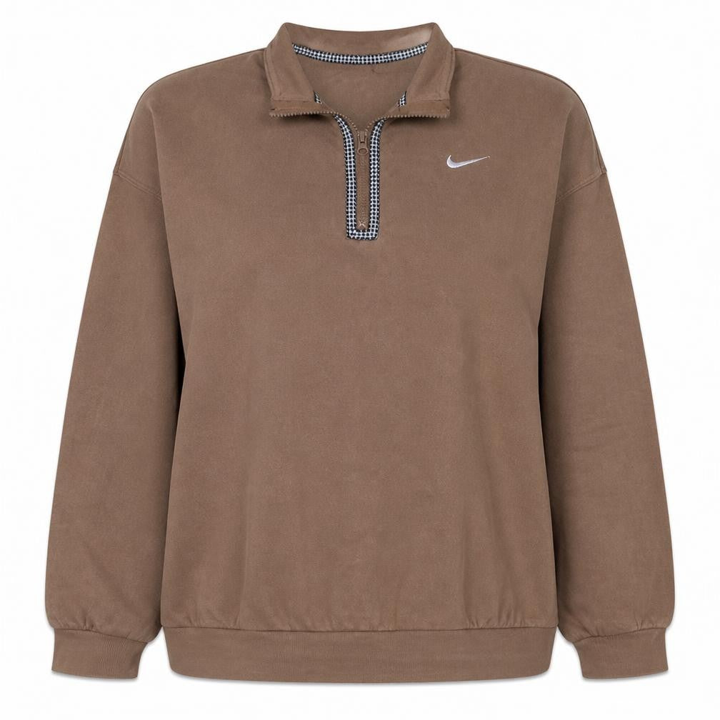 Front view of Nike Women Brown 1/4 Zip Sweatshirt XL Relaxed Fit Pullover Logo