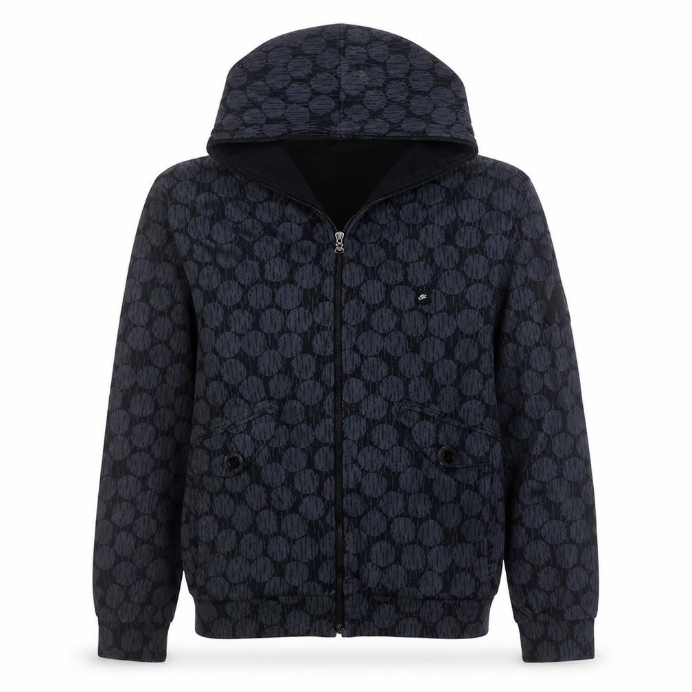 Front view of Nike men’s black full zip hooded sweatshirt l geometric pattern