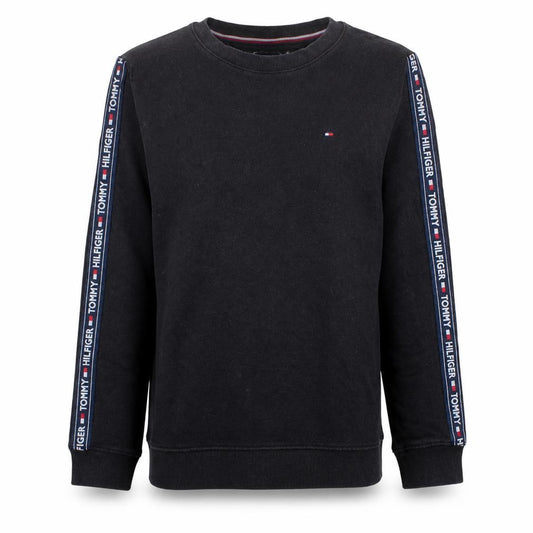 Front view of Tommy Hilfiger Men's Black Logo Sleeve Pullover Sweatshirt Medium
