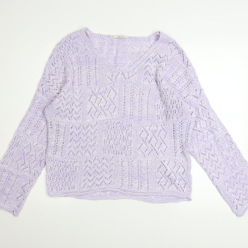 Tu Women’s Purple Open-Knit V-Neck Jumper Size 12