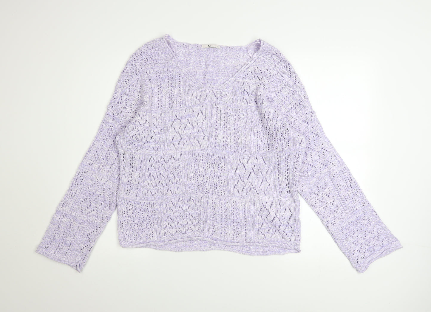 Tu Women’s Purple Open-Knit V-Neck Jumper Size 12
