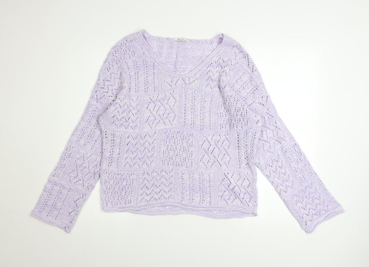Tu Women’s Purple Open-Knit V-Neck Jumper Size 12