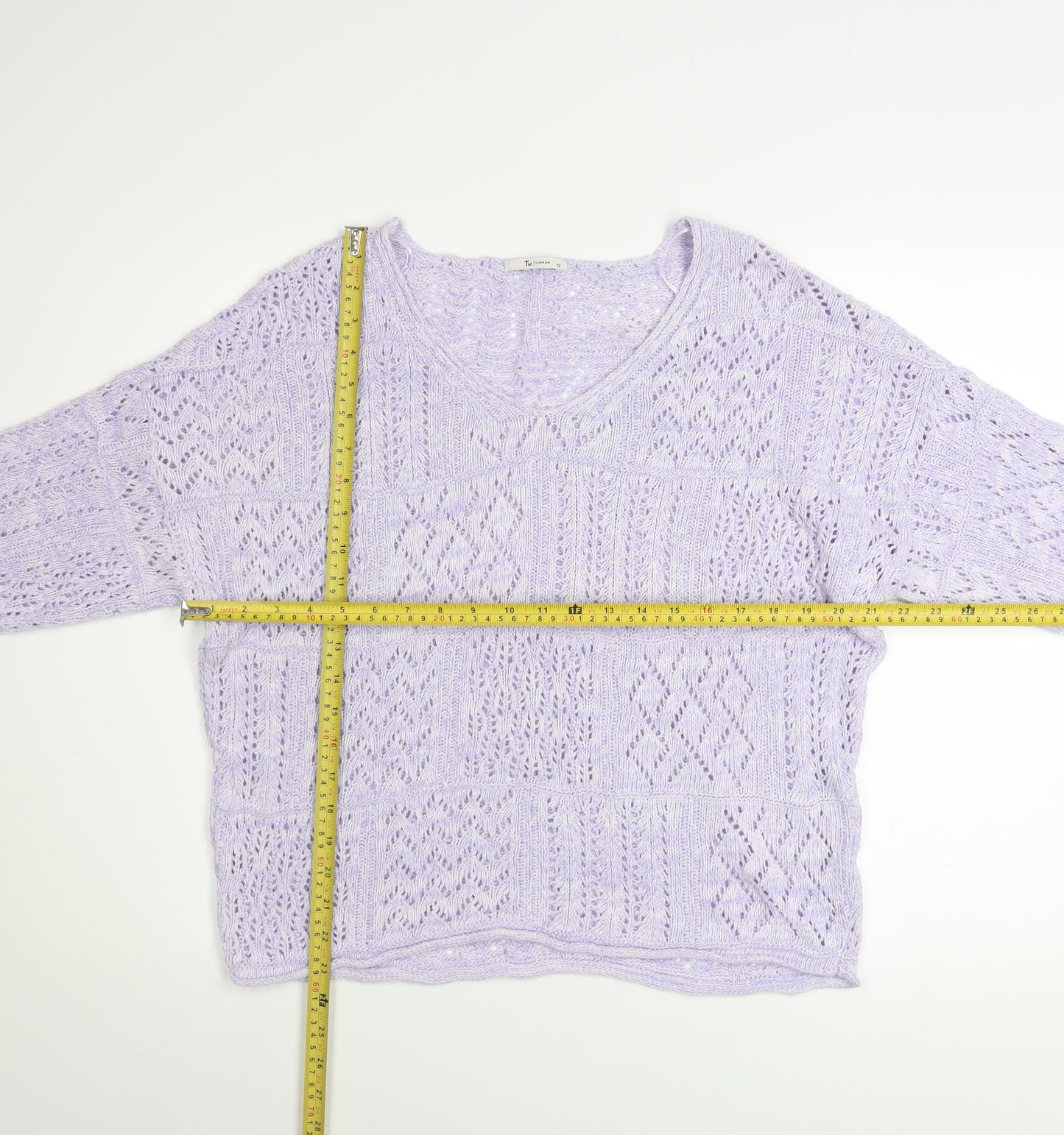 Tu Women’s Purple Open-Knit V-Neck Jumper Size 12