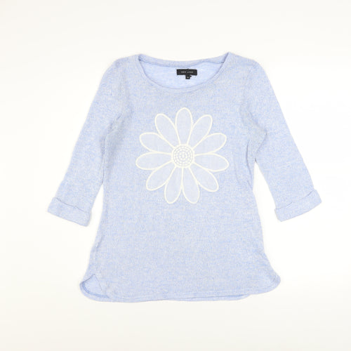 New Look Women's Blue Flower Knit 3/4 Sleeve Pullover Jumper Size 10